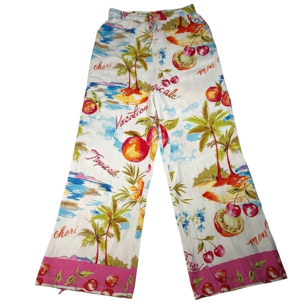 Label of Love Anthropologie Vacation Tropical Fruit Palm Tree Wide Leg Pants‎ XS